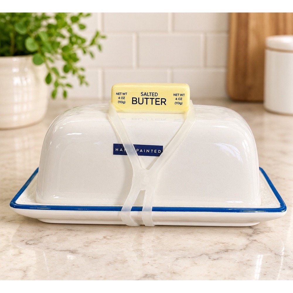 Hand Painted Ceramic Butter Dish with Salted Butter Stick Handle White Blue Rim